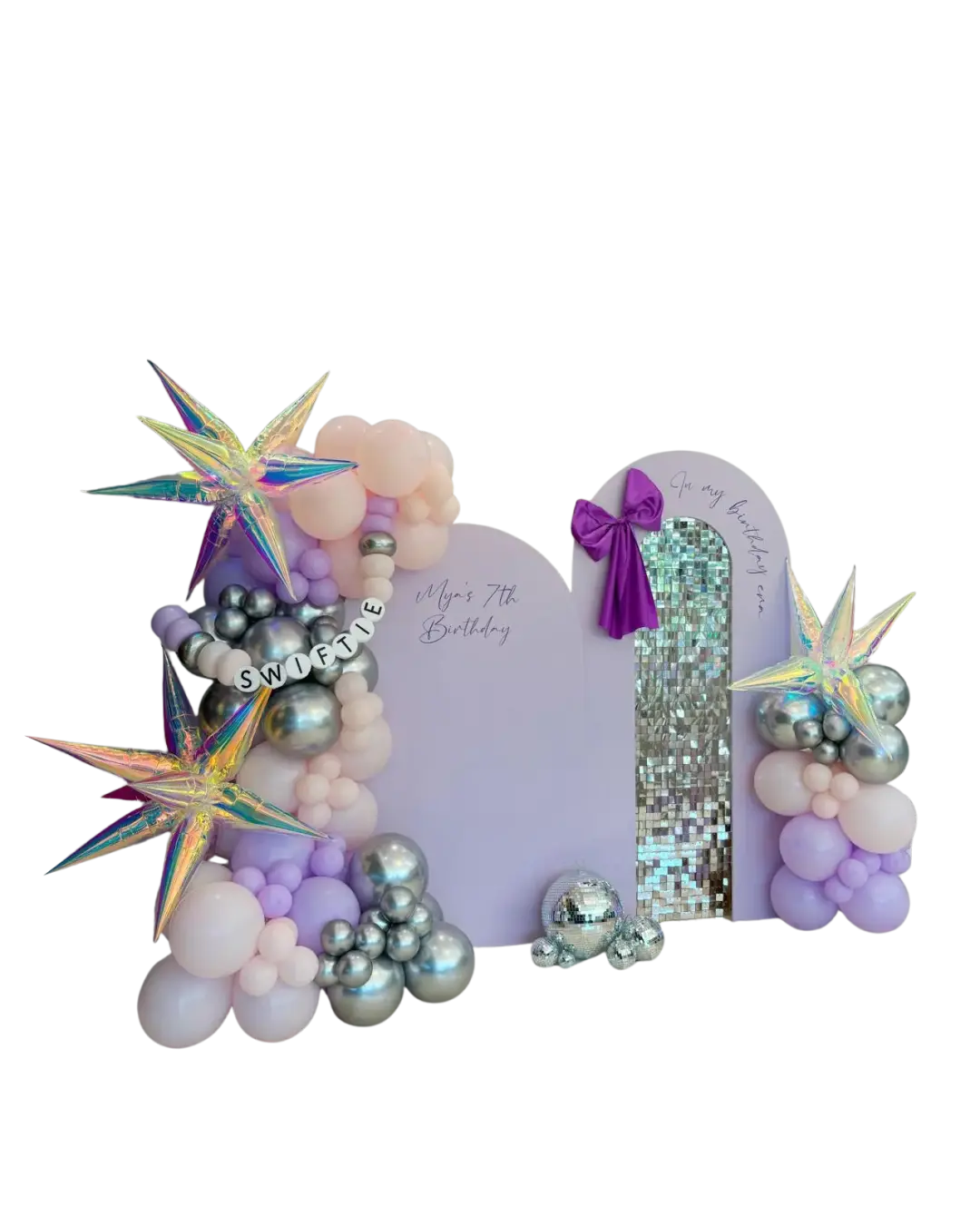 Purple Swiftie birthday balloon display with iridescent stars extending beyond the decorative frame