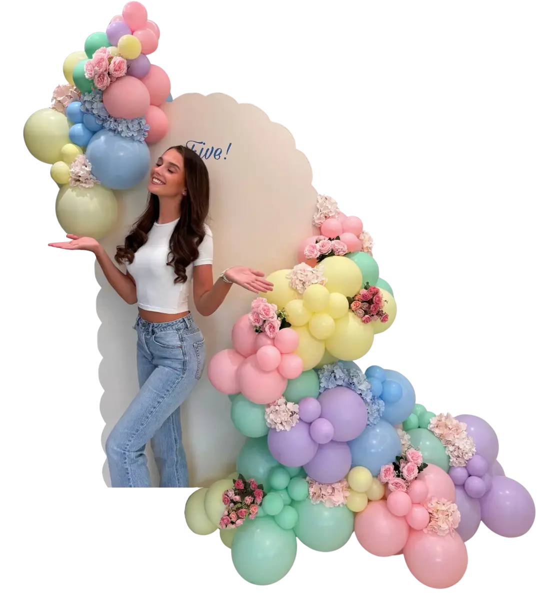 Pastel balloon installation with flower feature wall and event stylist