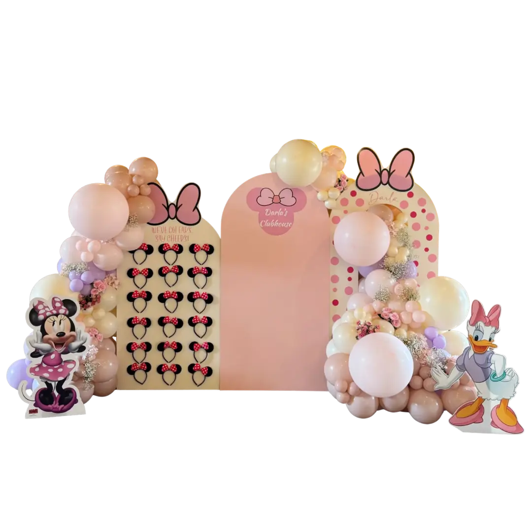 Pink mouse-themed balloon display extending beyond the decorative frame