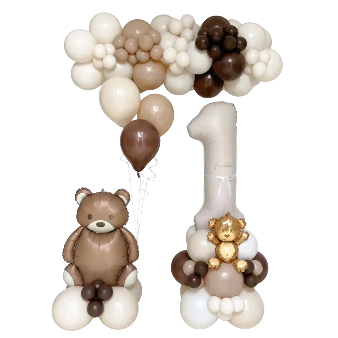 Neutral teddy bear first birthday balloon decor