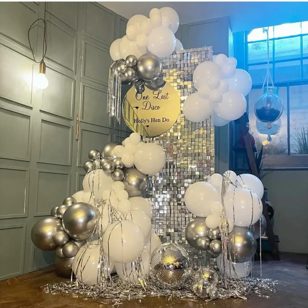 White and silver hen party balloon display